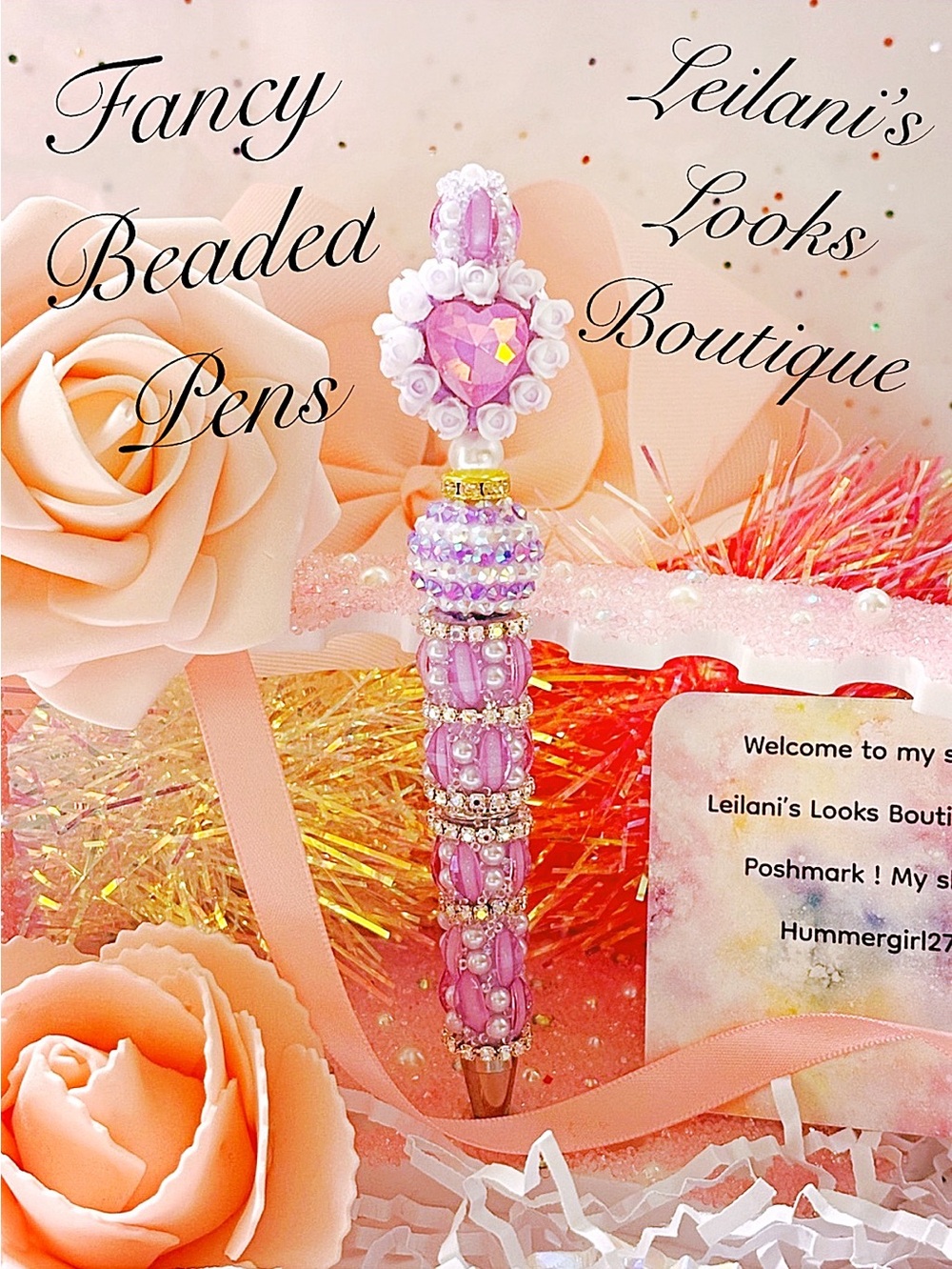 Fancy beaded pen/gifts/Purple beaded pen with heart-shaped top and rhinestones